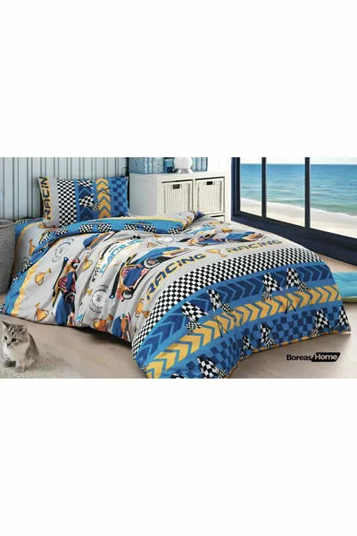 Macera Dolu Mavi Araba Desenli Tek Kişilik Nevresim Takımı