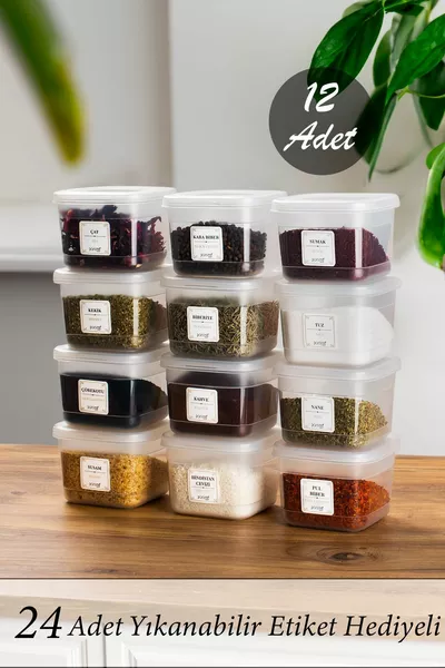  li Etiketli Baharatlık - Bakliyat Saklama Kabı - Erzak Saklama Kabı Seti Şeffaf  ml