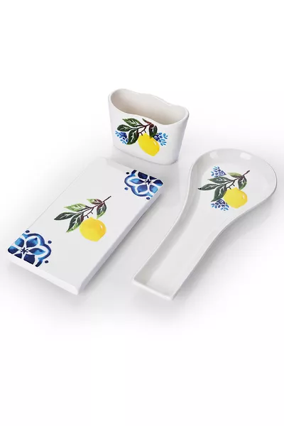 3’lü Mutfak Seti Limon Desen Kaşıklık Kaşık Altlığı Süngerlik Yağdanlık Altı