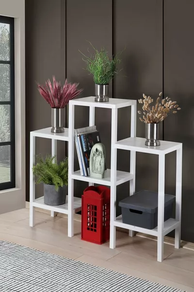 Ombeg 6-етажна полица за цветя, саксии, зимна градина, балкон, пластмасова рафтовa единица с дървесен вид