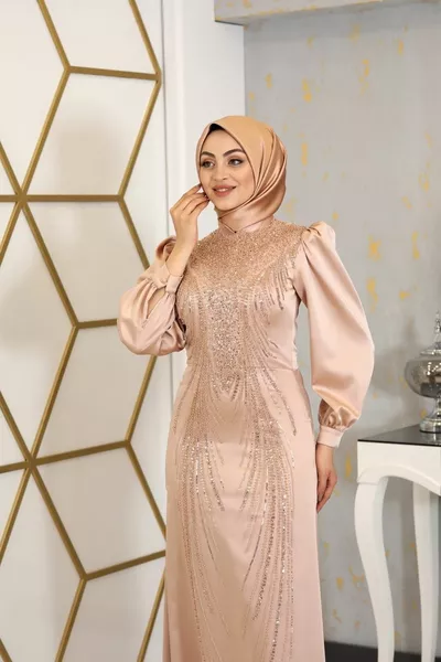 Ballon Mouw Sprookje Hijab Avondjurk Beige