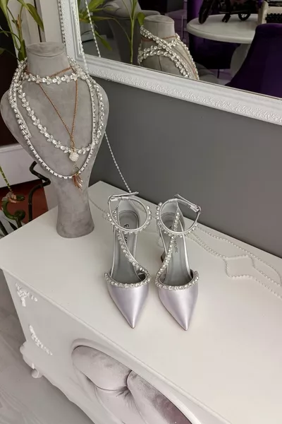 Raso Argento Tre File di Pietre cm Tacco Caviglia Cintura Abito da Sera Scarpe A Spillo Scarpe Donna