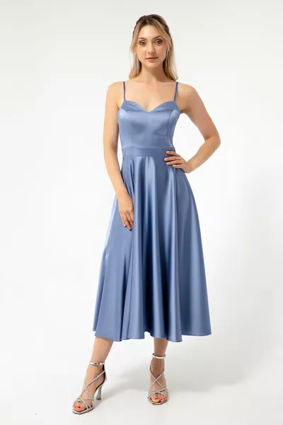 المرأة النيلي حزام رقيقة ميدي الساتان مساء اللباس