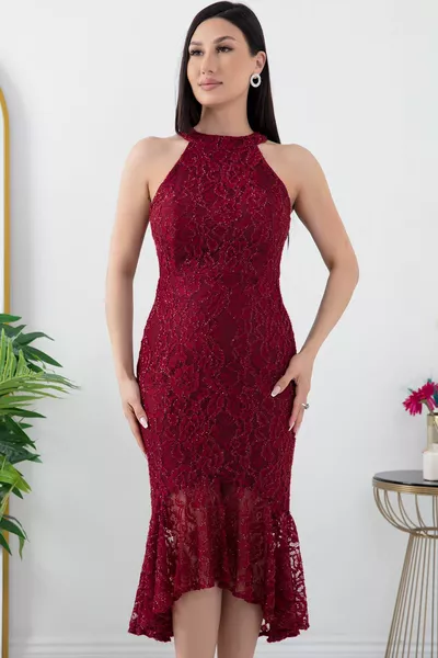 C الرقبة بريق الدانتيل مساء قصيرة اللباس 