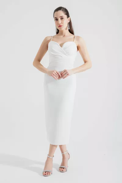 Robe de soirée midi blanche à double boutonnage avec fines bretelles pour femmes