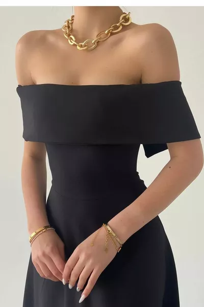 المرأة أطلس النسيج مادونا طوق تصميم أسود ميدي مساء اللباس 