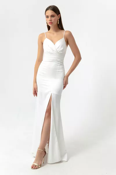 المرأة حزام أبيض شق طويل الساتان مساء اللباس والتخرج اللباس