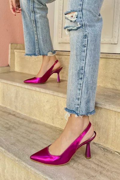 شرارة الجلد المعدني الفوشيا الوردي وأشار اصبع القدم الظهر فتح الخنجر عارضة أنيقة مساء اللباس الكعب أحذية النساء