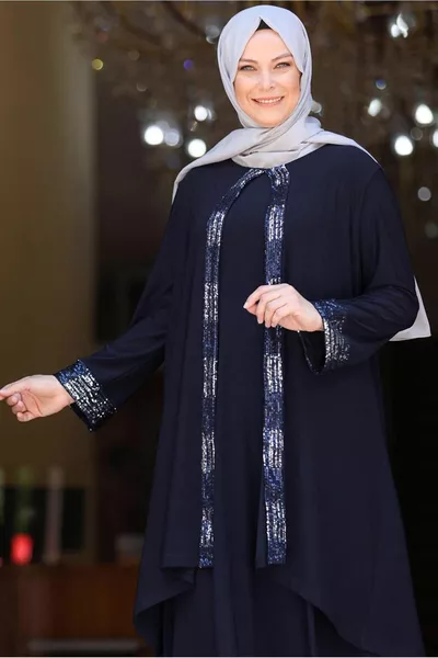 المرأة الأزرق الداكن الترتر مطرزة مساء اللباس تي 