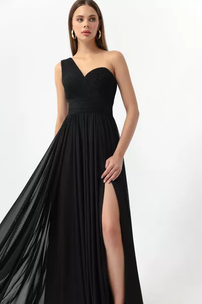 Women's Black One Shoulder Slit Long Evening Dress