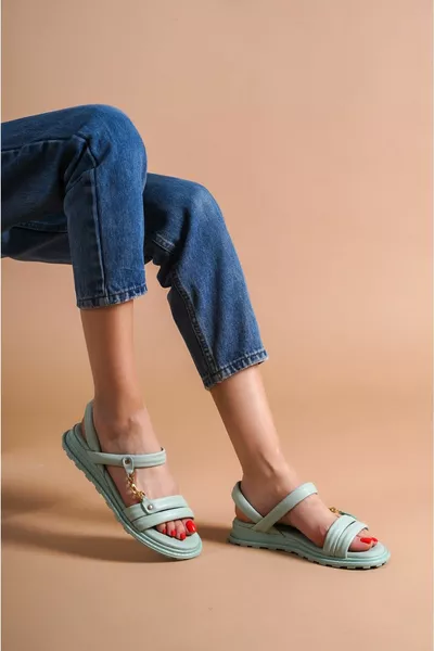 Ankle Fit Gold Detailed Genuine Leather Mint green Sandals