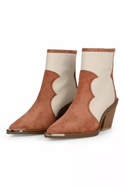 Stivali da cowboy da donna dettagliati in tessuto tela marrone chiaro scamosciato