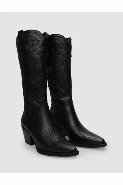 % echtes Leder Schwarze Reißverschluss Damen Cowboystiefel
