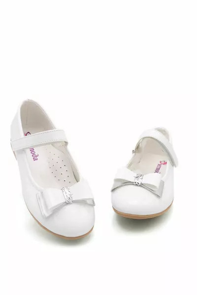 Velcro noeud papillon base plate Ballerines enfants Cuir verni Blanc
