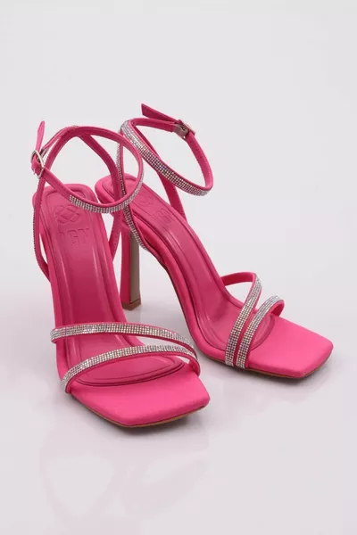  Sandali con tacco alla caviglia in pietra d'argento da donna Fucsia Raso