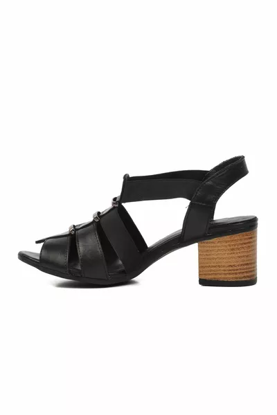 Y Noir Sandales à talons pour femmes en cuir véritable