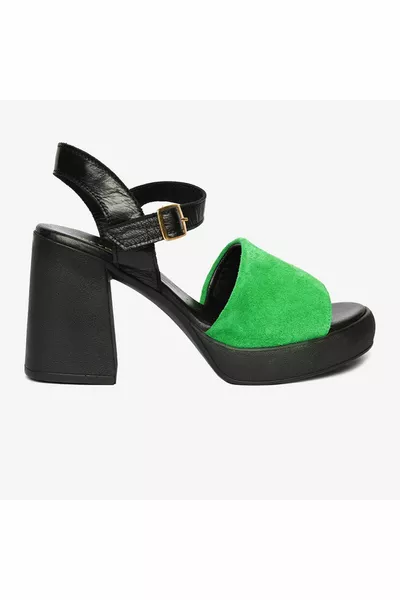 Femmes Noir Vert Sandales En Cuir Véritable 
