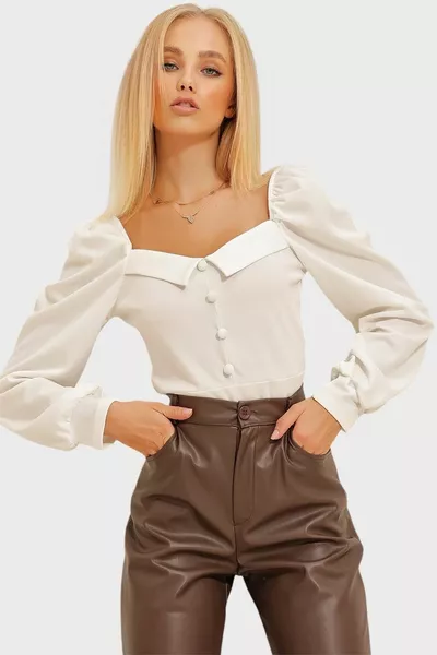 Женская белая Принцесса Манжета Передняя Пуговица Детализированная Блузка Креп 