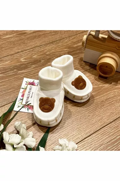 Combed Baby Booties Suede Bear Printed