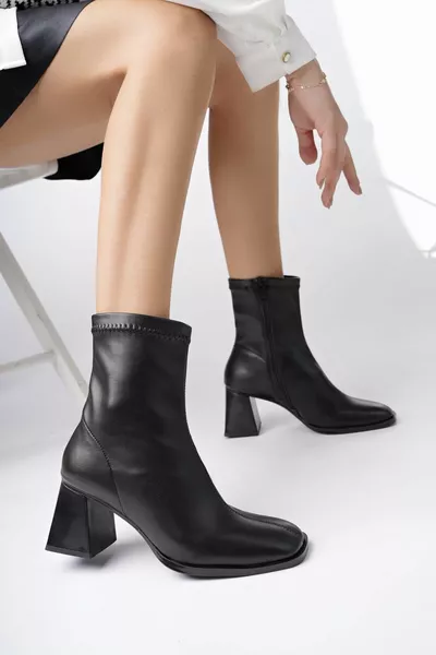 Women's Black Stretch Ankle Mid-Heeled Boots