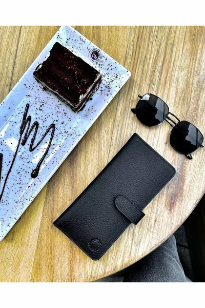 Creen Matte Black محفظة هاتف جلد طبيعي حقيقي للجنسين (رجال-نساء) هدية عيد الحب