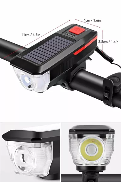 ® Solarbetriebene wiederaufladbare USB-LED-Fahrradtaschenlampe mit Hupe und wasserdichtem Scheinwerfer