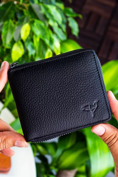 للجنسين الأسود كارول جلد طبيعي سستة قفل محفظة