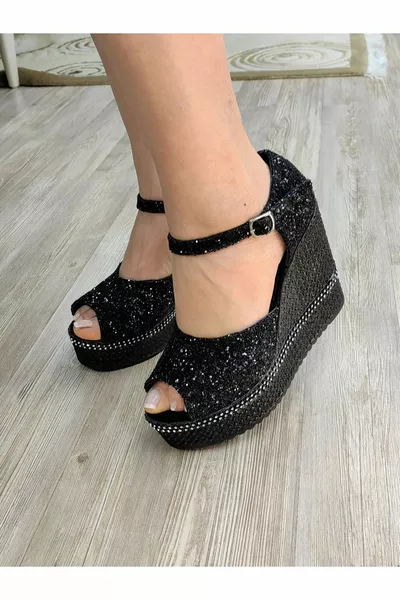 Schwarz Abendkleid Schuhe Gepolsterter Absatz Schwarze Outdoor-Schuhe Sandalen Gepolsterter Absatz Schwarz Freizeitschuhe Neu