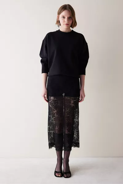 Jupe en dentelle noire longueur midi