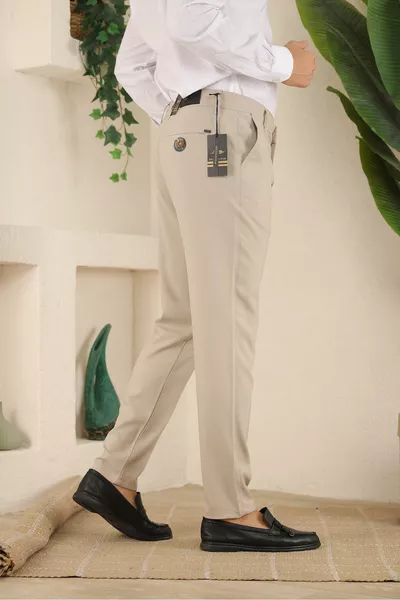 Pantalon en tissu de longueur de cheville en lycra extensible de bonne qualité de couleur beige pour hommes