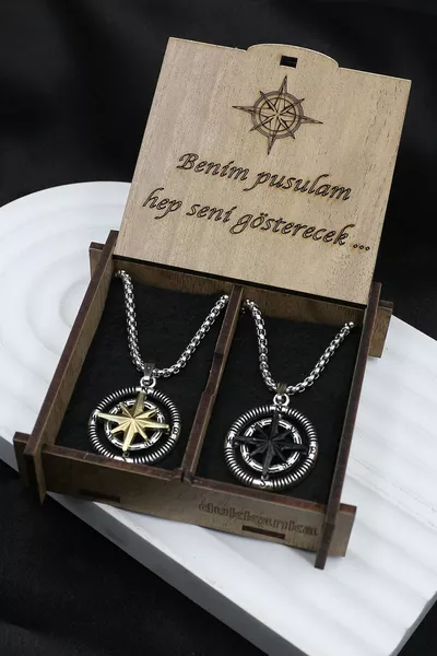 2 Compass Double Color Necklace Written Custom Wooden Gift Box