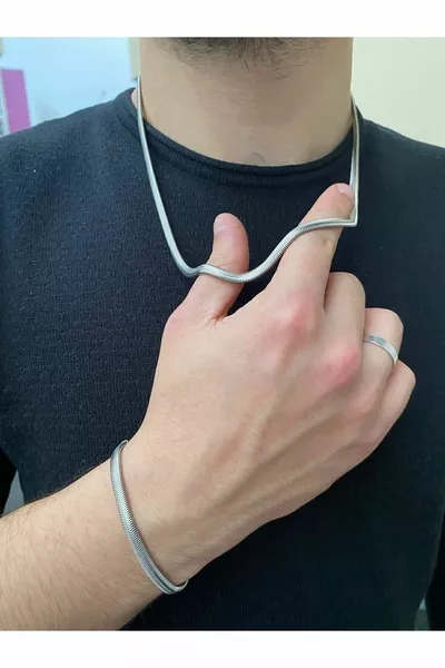 Collier modèle en osier pour homme Bracelet ensemble argent gris couleur acier