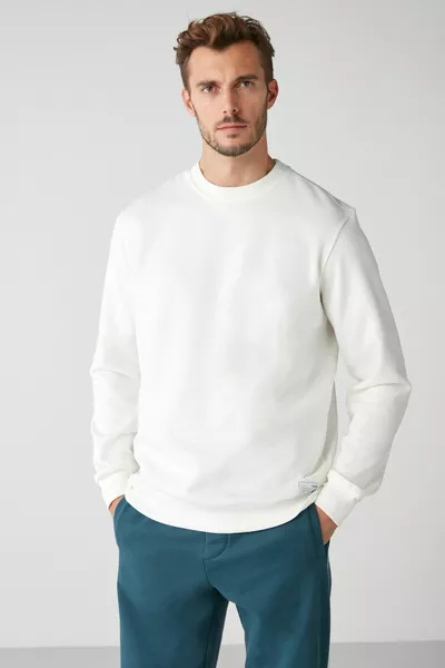 Travis Sweat-shirt blanc à col rond en tissu doux pour homme