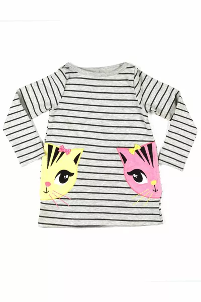 Grijze Twin Cat Pockets Lange Mouw Gestreepte Meisjes Jurk