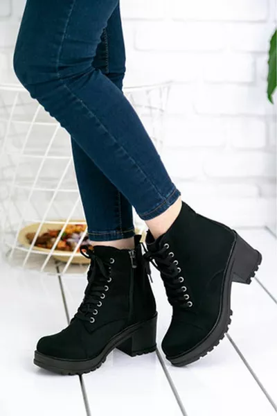 ليندا الدانتيل المتابعة الجانب الرمز البريدي أحذية نسائية من جلد الغزال الأسود