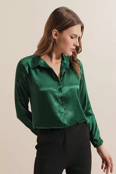  Light Flowing Satin Shirt - Emerald Green