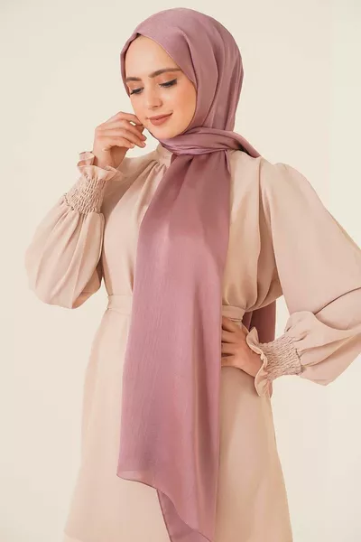 Abiye Janjan Parlak Saten Dokulu Tesettür Abiye Şifon Gül Pembe Şal