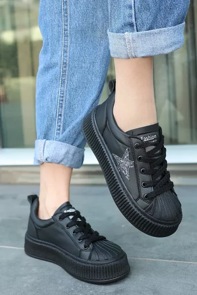 Piata Black Skin Lace-Up Sneakers