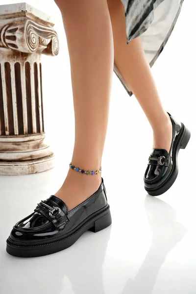 Padded Heel Black Patent Leather Women's Shoes