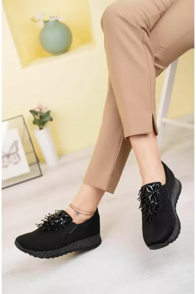 Noir Daim Stretch Pierre Femmes Élégant Casual Confortable Orthopédique Antidérapant Semelle Ballerines