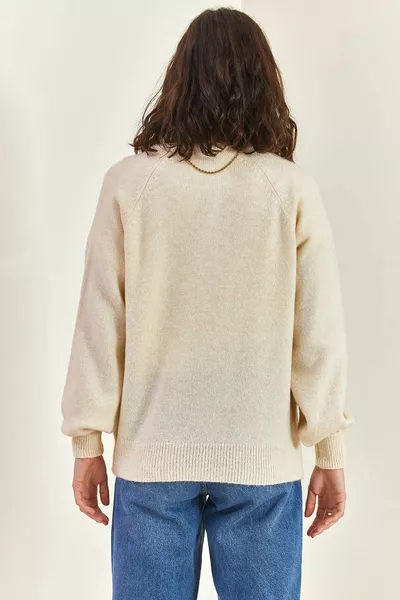 Damen Ausschnitt Knopfloch Rollkragenpullover Strickpullover