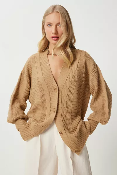 Vrouwen Biscuit Gevlochten Ballon Mouwen Shabby Knitwear Cardigan 