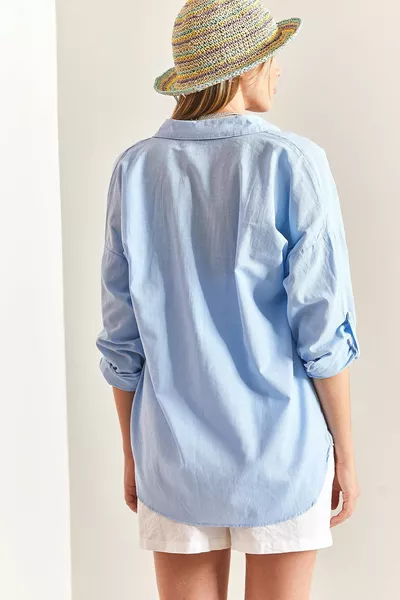 المرأة جيب مزدوج كبير الحجم الكتان قميص