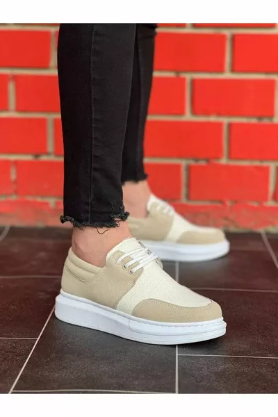  BT الدانتيل متابعة العظام وحيد الجلد المدبوغ الكتان الرجال أحذية كلاسيكية بيج / كريم