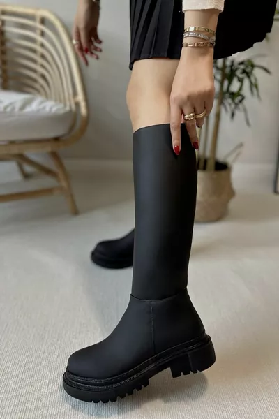 Daisy Suola Spessa Ginocchio Sotto Ginocchio Cerniera Confortevole Extra Opaco Stivali In Pelle Nera Opaca