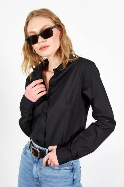 Schwarzes Baumwollhemd für Frauen mit Lycra | 