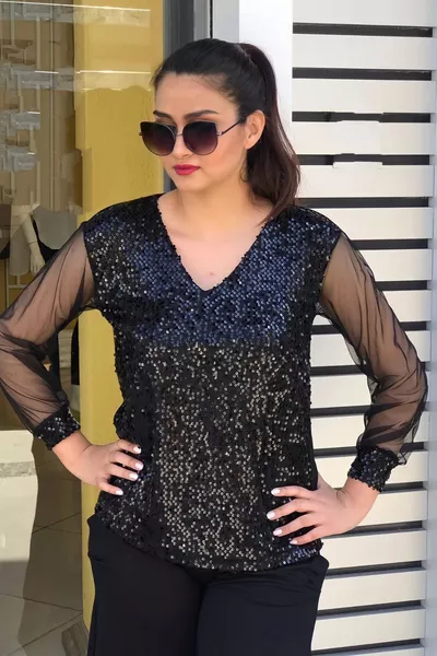 Sequin Sleeve Tulle Blouse