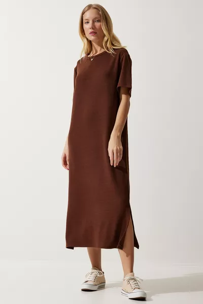 Robe en tricot côtelé à col rond pour femme, couleur marron 