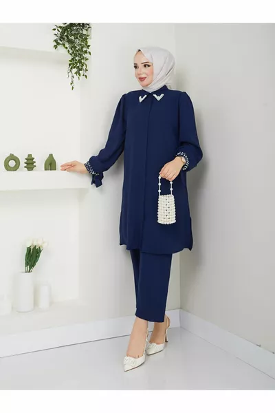 Большой размер комплект для хиджаба с воротником и манжетами, украшенными жемчужными бусинами