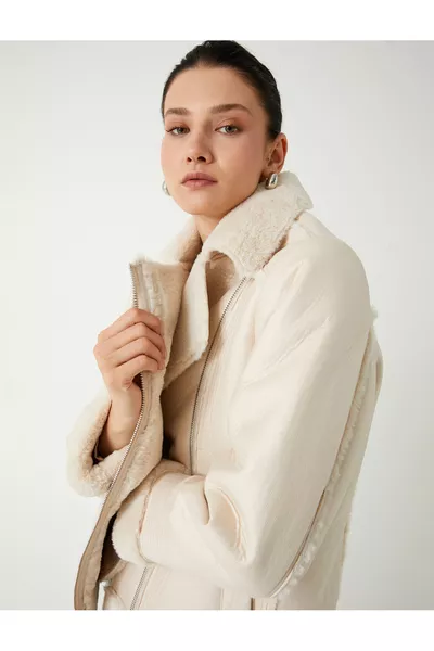 Faux Leather Biker Jacket with Zippered Pockets, Relaxed Fit, and Faux Fur Collar Detail